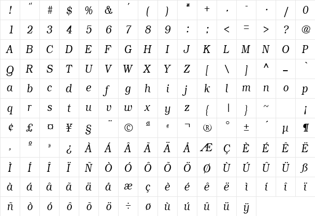 BookmanLigItalCond Regular  glyph index