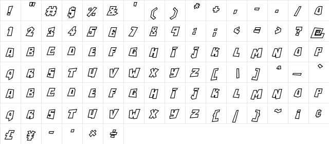 RockBiterOutlines Italic  glyph index