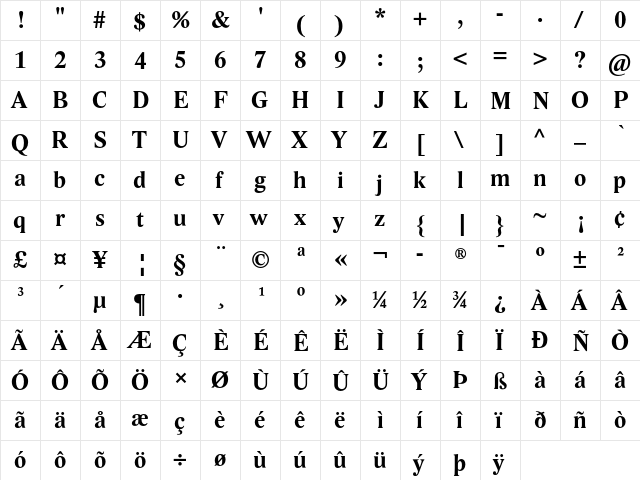 Lido ST Bold  glyph index