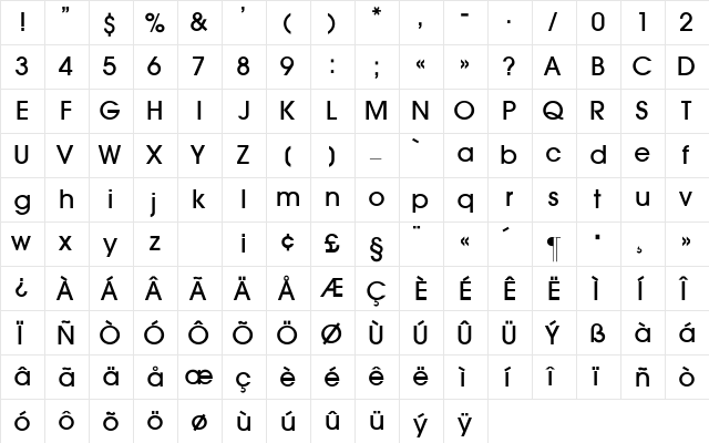 Avant_G-Medium Regular  glyph index
