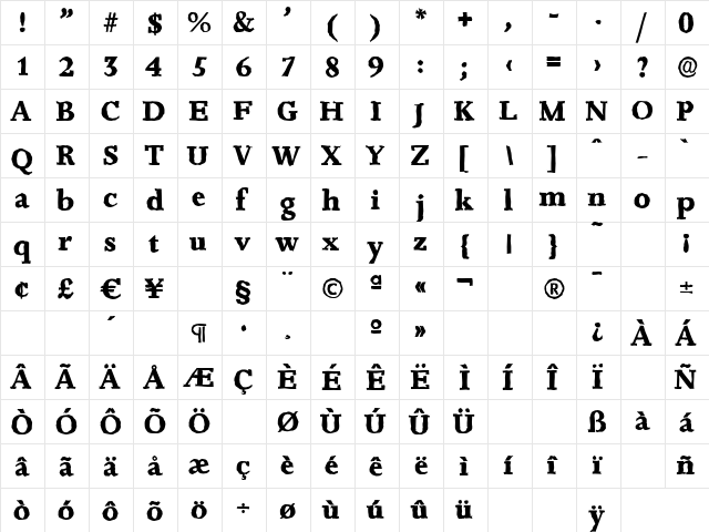 JessicaAntique-Xbold Regular  glyph index