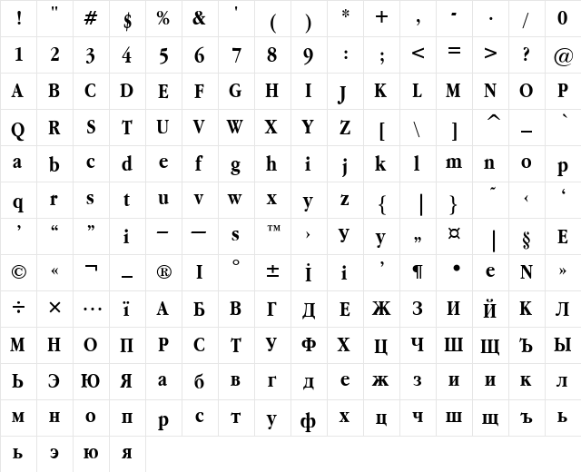 Garamond Narrow Bold  glyph index