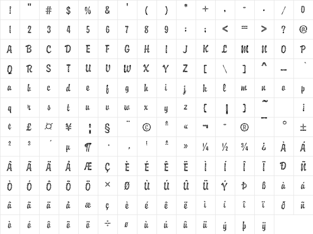 DTCBrodyM30 Regular  glyph index