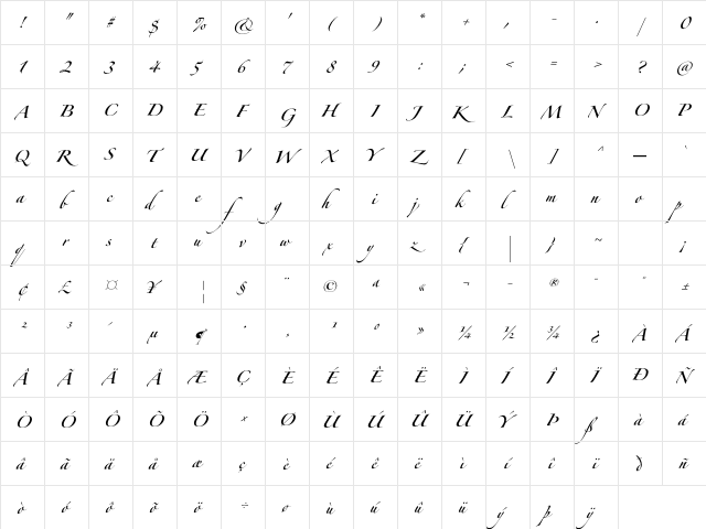 Zapfino Forte LT Pro Regular  glyph index