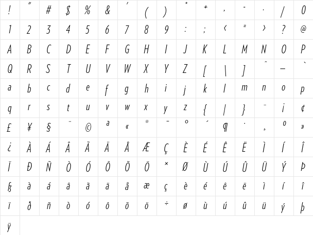 Verlag Compressed Light Italic  glyph index