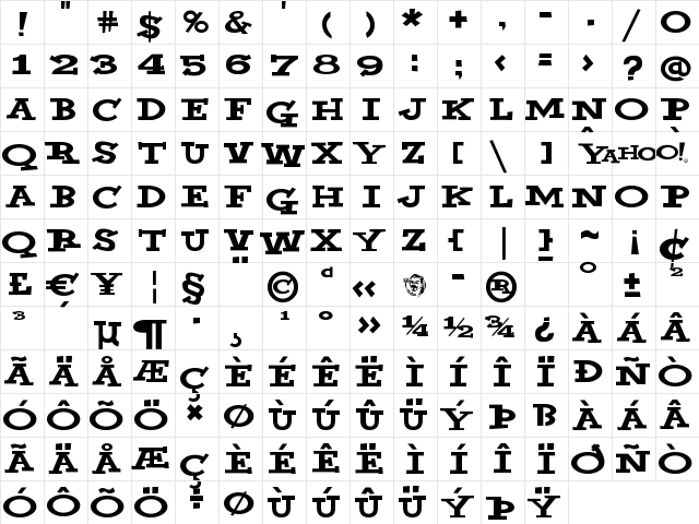 Yahoo Regular  glyph index