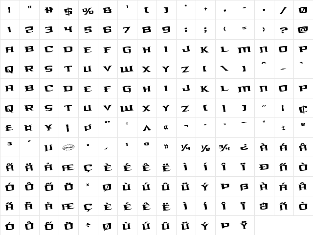 Kreature Kombat Rotated Regular  glyph index