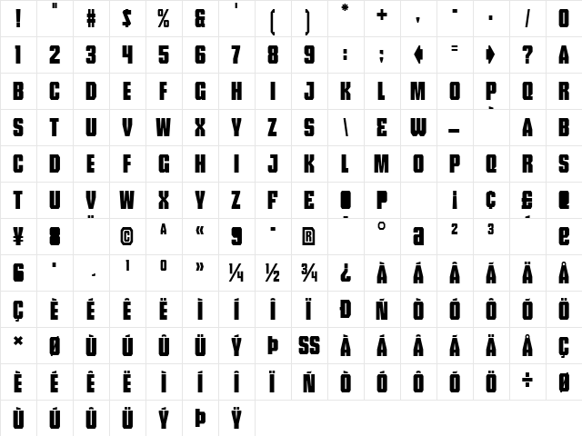 Tank Lite Regular  glyph index