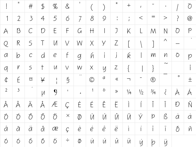 SquireD Regular  glyph index