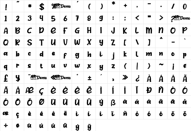 Ruby Dance Regular  glyph index