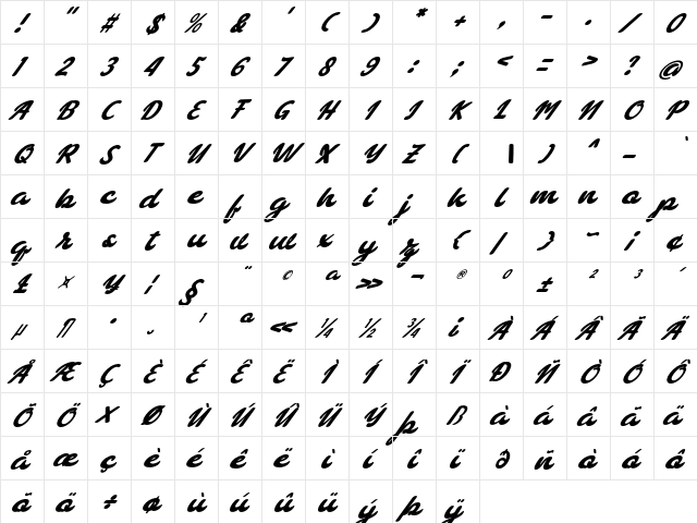 bellagia Regular  glyph index