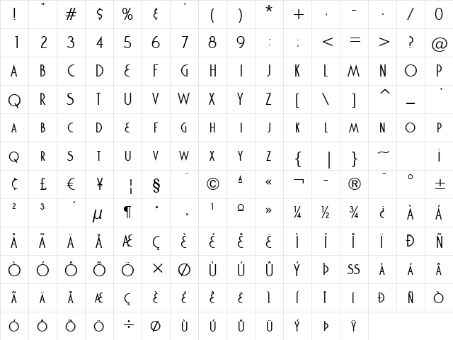 Marquisette BTN Regular  glyph index