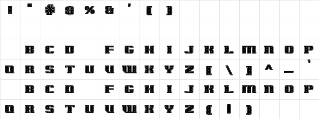 IronCladBoltedRaised SW Regular  glyph index