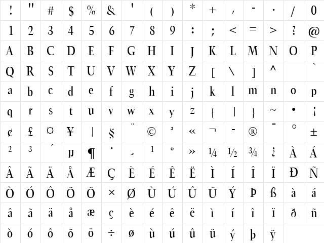 TrumpetLite Regular  glyph index