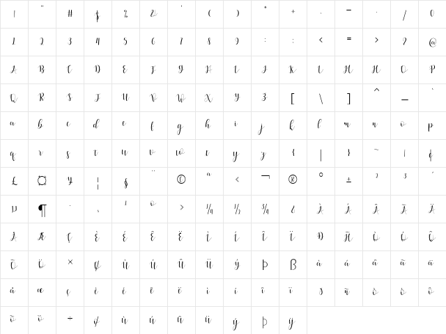 Amelisa Regular  glyph index