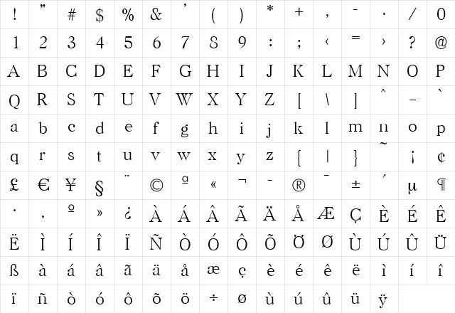 PaulBecker-ExtraLight Regular  glyph index