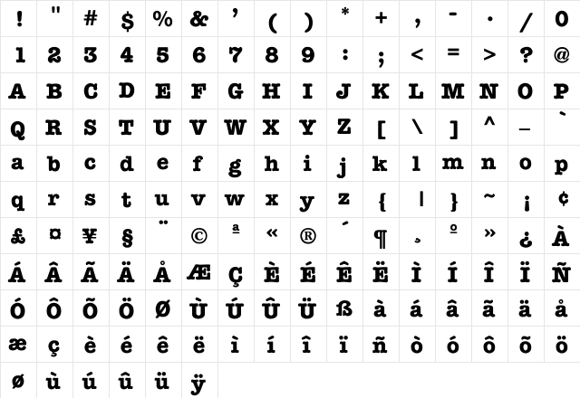 AmericanTypewriter-Medium-Bold Regular  glyph index