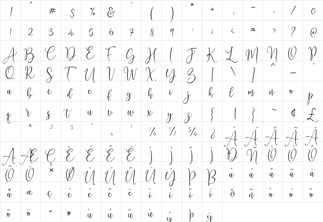 Cattieshine Regular  glyph index