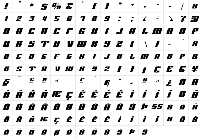 Runway Caps Regular  glyph index