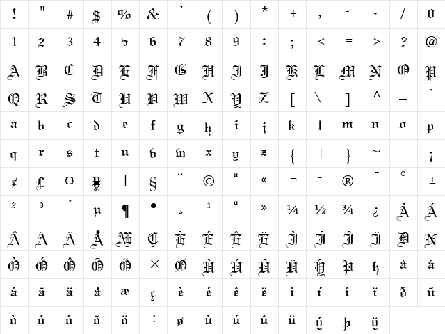 England Normal  glyph index
