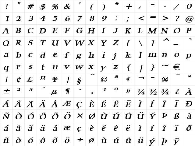 CarmineWide BoldItalic  glyph index