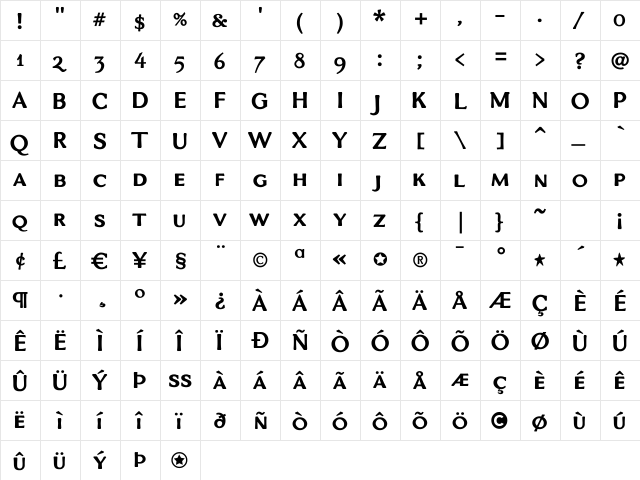 VenisSmall Caps Bold Regular  glyph index