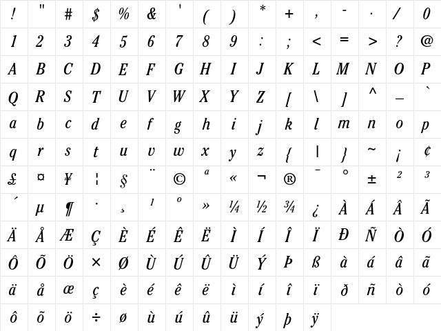 ITC Cheltenham Book Condensed Italic  glyph index