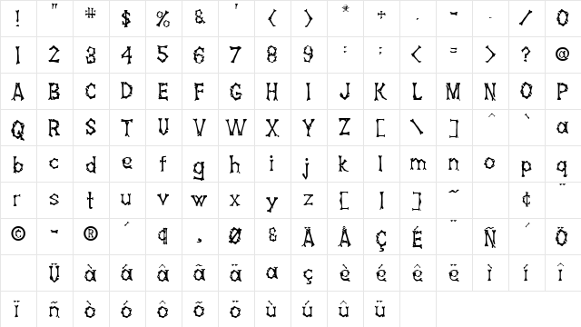 Bones Regular  glyph index