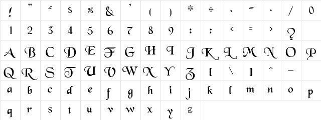 Royal Script Regular  glyph index