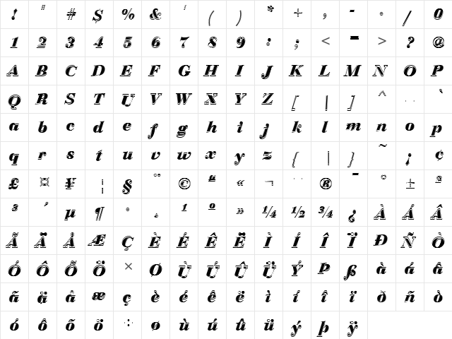 Bauer Bodoni T In1 Regular  glyph index