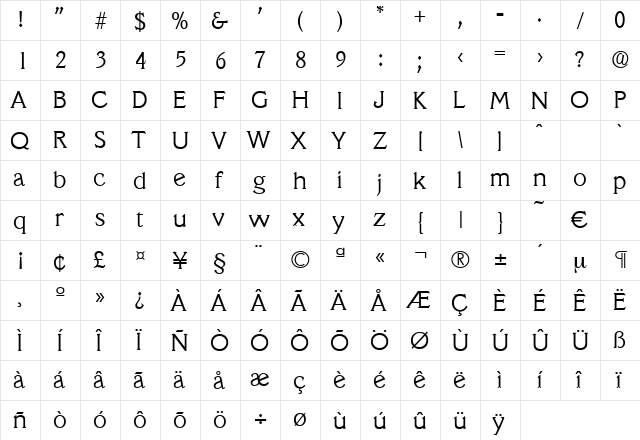 Veracruz-Light Regular  glyph index