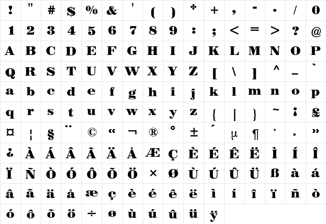 Madison BQ Regular  glyph index