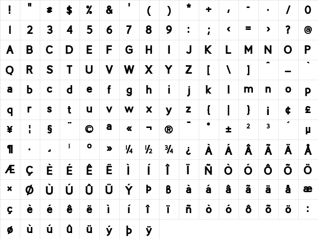 Berlin XBold XBold  glyph index