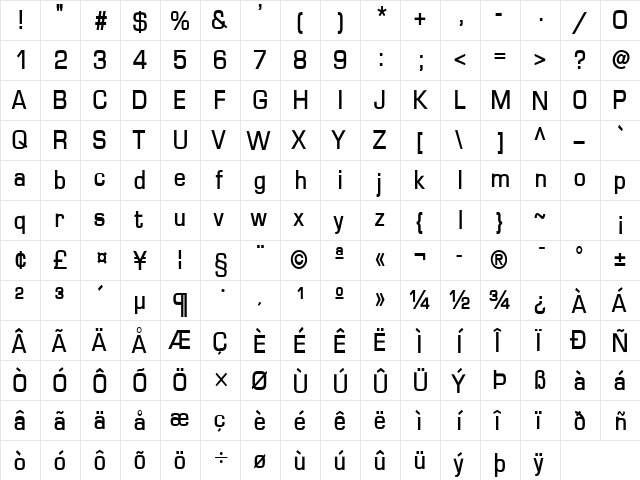 Eurasia Bold  glyph index
