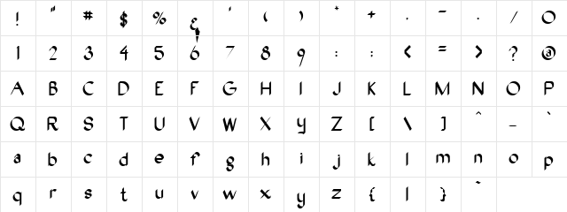 Royal Brush Regular  glyph index