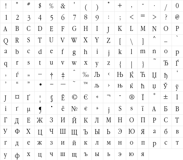 GaramondNarrowC Regular  glyph index