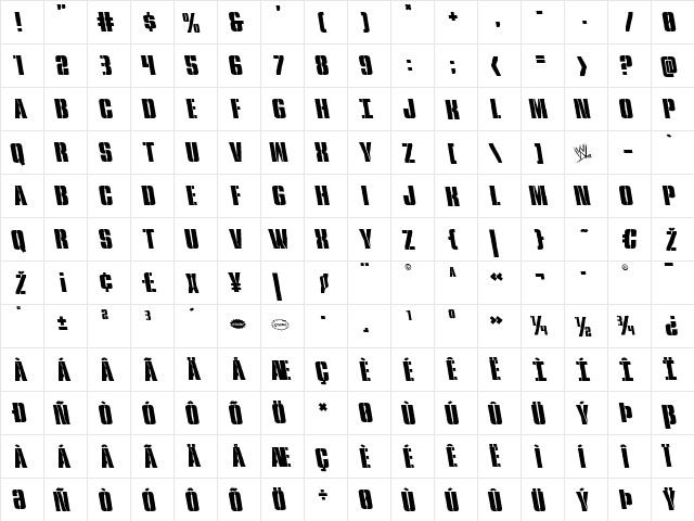 Rumble Tumble Leftalic Italic  glyph index