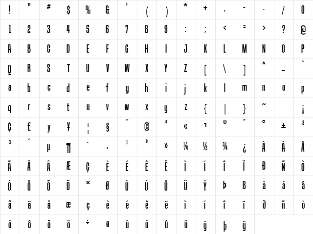 Tandelle Regular  glyph index