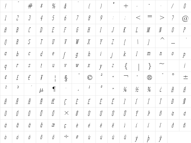 Unknown Caller BTN Oblique  glyph index