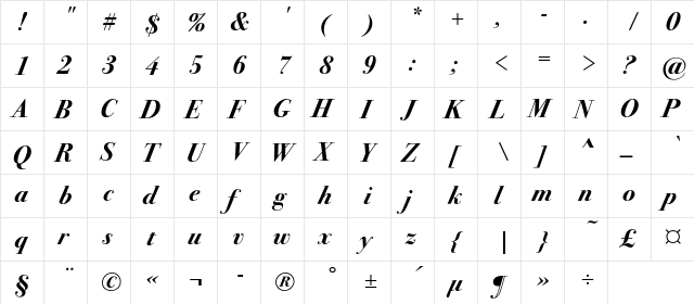 Bodoni72C Bold Italic  glyph index