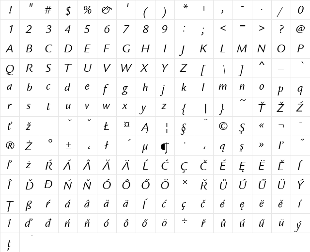 LegacySanItcTEE Italic  glyph index