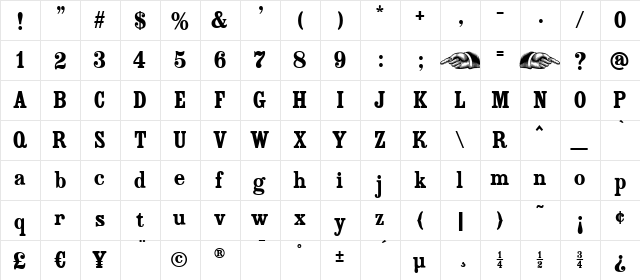 Country Western Black Regular  glyph index