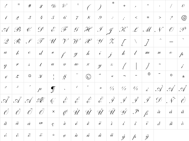Shelley Andante Script Regular  glyph index