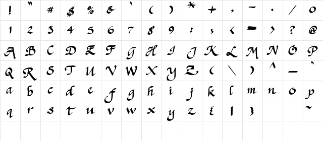 Lindsay Supercalliqraphix Regular  glyph index