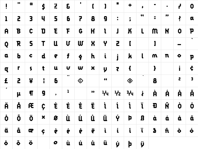 Lunatix Bold  glyph index