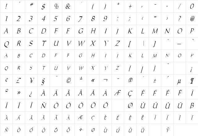 California 3 Italic  glyph index