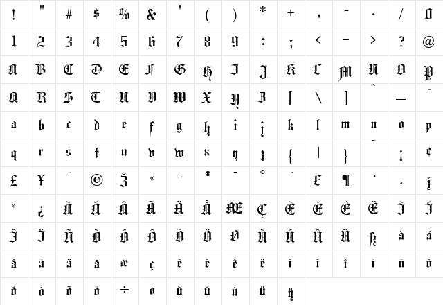 HansaGothic Regular  glyph index