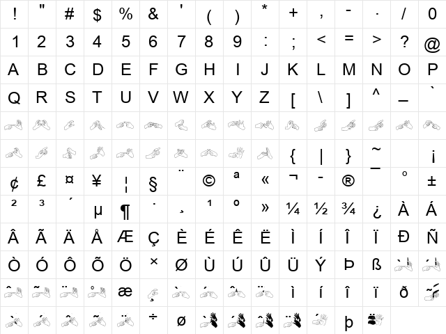 AdmanGraphics Auslan Regular  glyph index