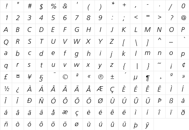 FrugalSans-LightItalic Regular  glyph index