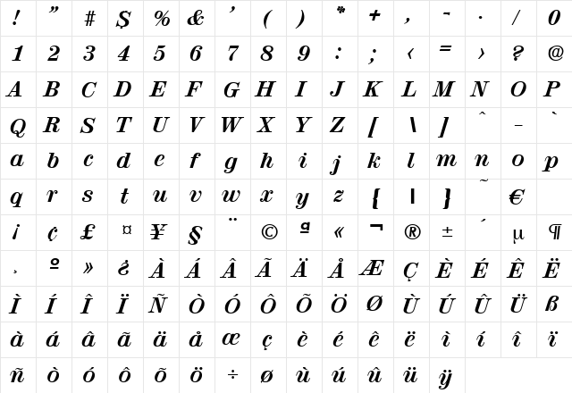 Valencia-BoldIta Regular  glyph index